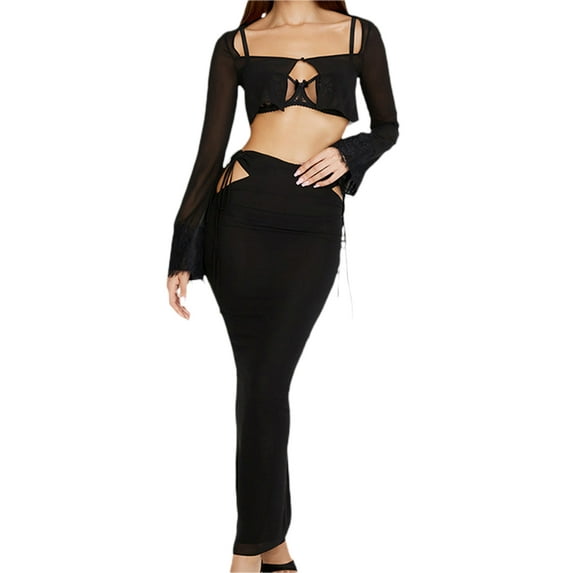 Qiylii Womens Sexy Skirt Sets Bandage 2 Piece Outfits Y2k Crop Tube Top Bodycon Maxi Skirt Beach Club