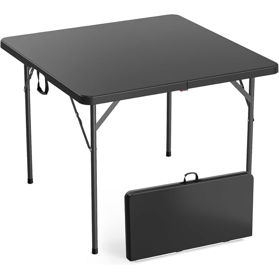 Qiyou 38" Fold in Half Square Plastic Table, Bi-Fold Portable Dining Table, Black, Indoor & Outdoor Use