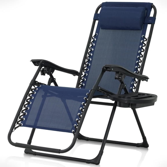 Qiyou Foldable Zero Gravity Lounge Reclining Chair, Metal Frame with Textilene Fabric, Side Tray & 300LB Static Weight Capacity for Indoor Outdoor Use, Blue Finish