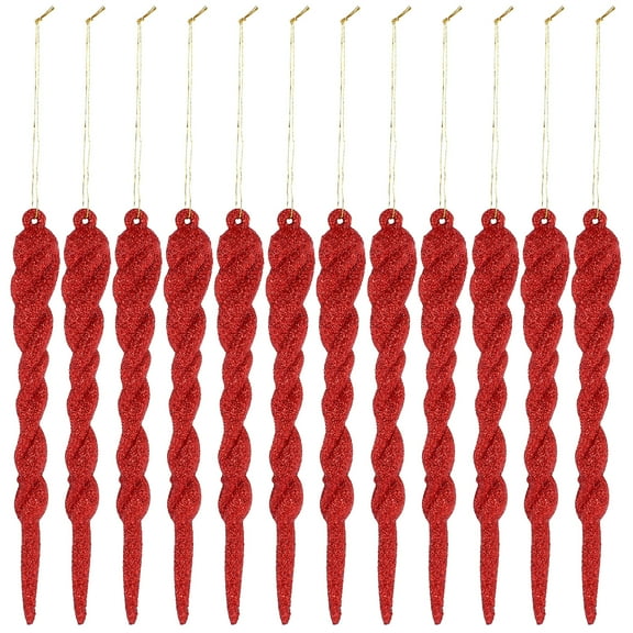 Qiysamall 12-Pack Red Glitter Christmas Icicle Pendants Holiday Tree Decorations Winter Embellishments for Festive Seasonal Layouts