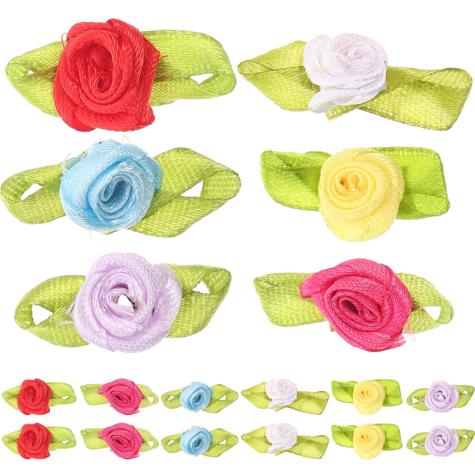 Qiysamall 200pcs Small Ribbon Roses Flowers with Leaf Craft Ornament ...