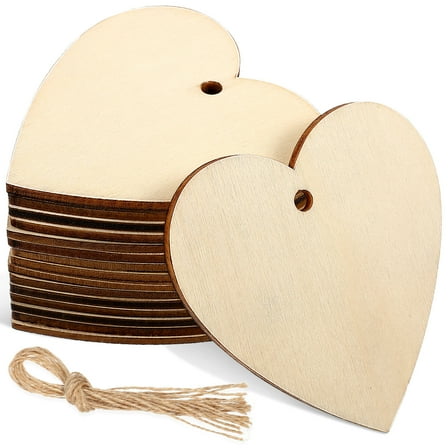 Qiysamall 50pcs Unfinished Wood Slices Wooden Hearts DIY Crafts Blank Ornaments Pendant Hearts with Ropes