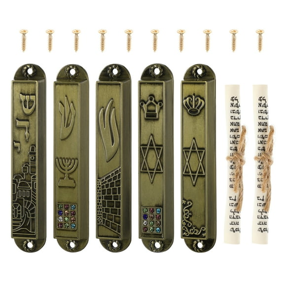 Masteelf Mezuzah Plaque for Home Decor with Vintage Patterns and Blessings Made of Metal Assorted Color