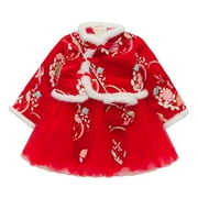Qiyuancai Dresses for Toddler Girls Kids Baby Children Fairy Hanfu Chinese New Year Lined Warm Princess Embroidery Tang Suit With Bag Performance Dress