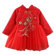 Qiyuancai Dresses for Toddler Girls Kids Baby Children Fairy Hanfu Chinese New Year Lined Warm Embroidery Tang Suit Performance Dress