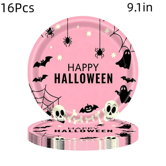 Qjidjing 16Pcs Halloween Ghost 9 Inch Disposable Paper Dessert Pink Plates for Home Family Dinner, Gothic Party Tableware Supplies