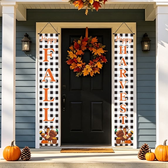 Qjidjing 2Pcs Farmhouse Thanksgiving Vertical Door Banner Couplet Set, Harvest Hanging Sign for Front Porch Entryway Holiday Front Door Decor