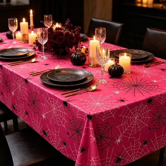 Qjidjing 2Pcs Halloween Table Cover, Plastic Tablecloth, Disposable Material, Web Print, 42 x 71 Inch, Dining Table, Themed Gathering, Party Layout