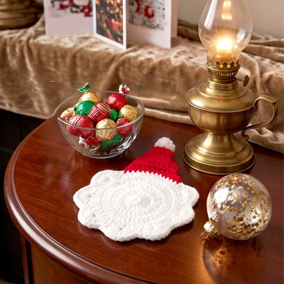 Qjidjing Christmas Handmade Knitted Coasters, Santa Hat Shaped Heat Resistant Drink Mats for Hot Cocoa, Coffee, Tea, Home Holiday Table Decor