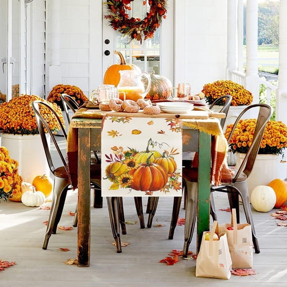 Qjidjing Fall Pumpkins Leaves Flowers Table Runner 13x71 Inch, Seasonal Tablecloths for Indoor Outdoor Home Party, Autumn Thanksgiving Kitchen Dinning Decor