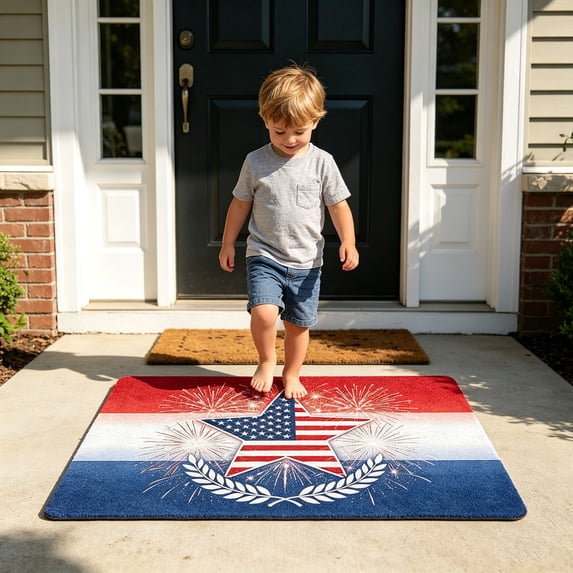 Qjidjing Front Porch Carpet, Doormat, Wear-Resistant Patriotic Printed Rug with Stable Anti-Slip Base, for Outdoor Entrance, Kitchen Floor, Bathroom Independence Day Decor