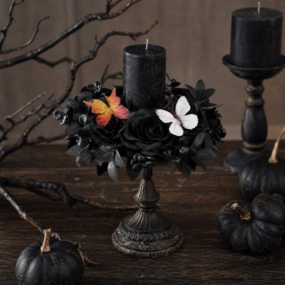 Qjidjing Halloween Candle Ring, Mini Wreath Garland, Artificial Leaf Foliage, Fits Pillar Candles, Dining Table, Mantel Surface, Indoor Table Centerpiece