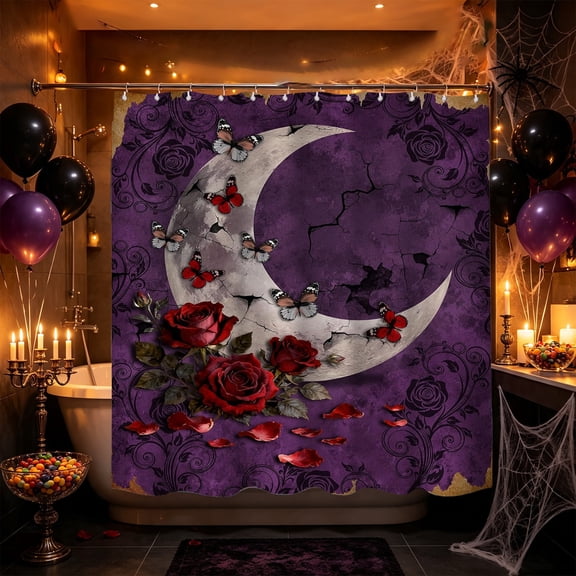 Qjidjing Halloween Moon Shower Curtain, S, Bathroom Decor Curtain With 12 Hooks, For Bath Space, Restroom Area, Holiday Interior Refresh