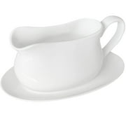 Qlans 17oz Gravy Boat with Saucer Stand, Set of 1, Ceramic Sauce Boat with Tray for Salad Dressings,ketchup， Creamer, Broth, Black Pepper, White