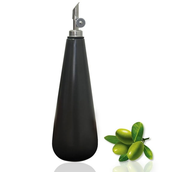 Qlans 19 oz Ceramic Olive Oil Bottle Dispenser for Kitchen, Large Capacity Oli and Vinegar Cruet with Stainless Steel Spout, Oil Container, Pack of 1, Black