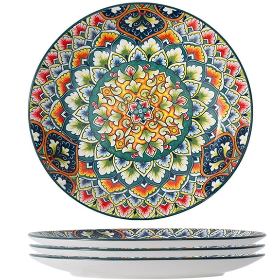 Qlans Ceramic Dinner Plates Set of 4-10.5 Inch, Pasta, Dessert，Salad Plate, Porcelain Colorful Serving Dishes for Kitchen & Restaurant, Dishware, Microwave & Oven safe、dishwasher - Bohemian Style
