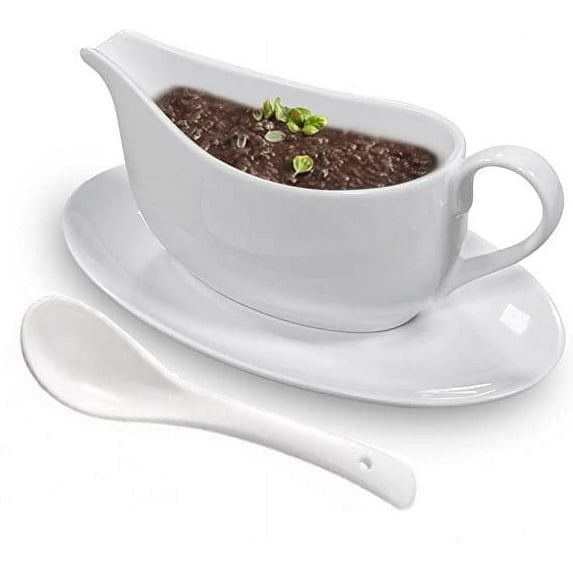 Qlans Gravy Boat With Ladle and Saucer 17 Oz,Ceramic Sauce Boat With Tray for Salad Dressings Milk,Warming Sauces,Creamer,Broth,Black Pepper,White (1 PCS New Gravy Boat With Ladle and Saucer)