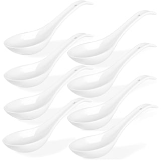 Qlans Soup Spoons, Ceramic Chinese Soup Spoons, Asian Soup Spoons, White Japanese Spoon Large for Ramen Pho Wonton Dumpling Miso, Deep Oval Hook Design, Set of 8