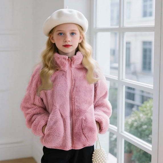 Qlbmong Baby Clothes for Girl High Neck Fleece Long Sleeve Fall Winter Coats Comfy Solid Color Jackets with Pockets