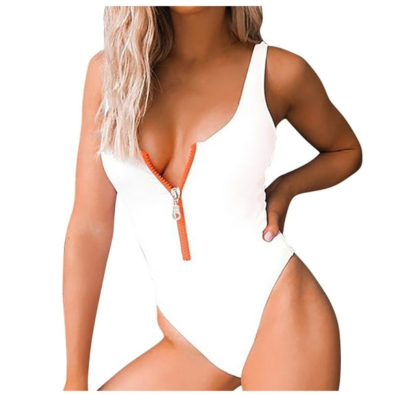 Qleicom White Zip Mock Neck One-Piece Swimsuit (M) Women's