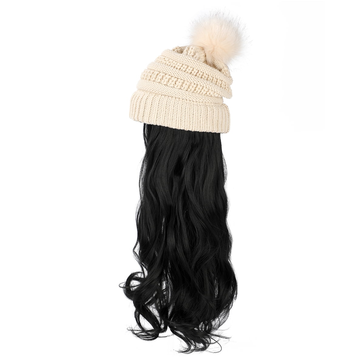 Slouchy Cable Knit Beanie Hat with 20in Removable Hair Extensions Wig Amazon.com: AynnQueen Beanie with Hair Attached for Women  main image 3