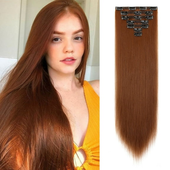 Qlenkay Clip in Hair Extensions Synthetic Hair 7 pcs Double Weft Long Wavy Straight Hair Extension for Women