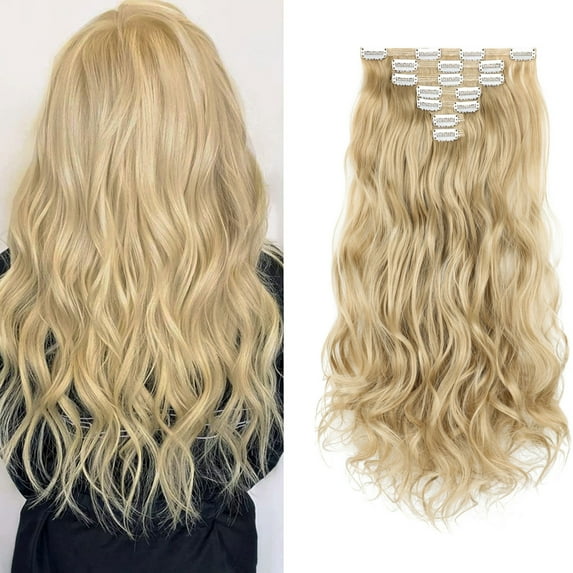 Qlenkay Clip in Hair Extensions Synthetic Hair 7 pcs Double Weft Long Wavy Straight Hair Extension for Women