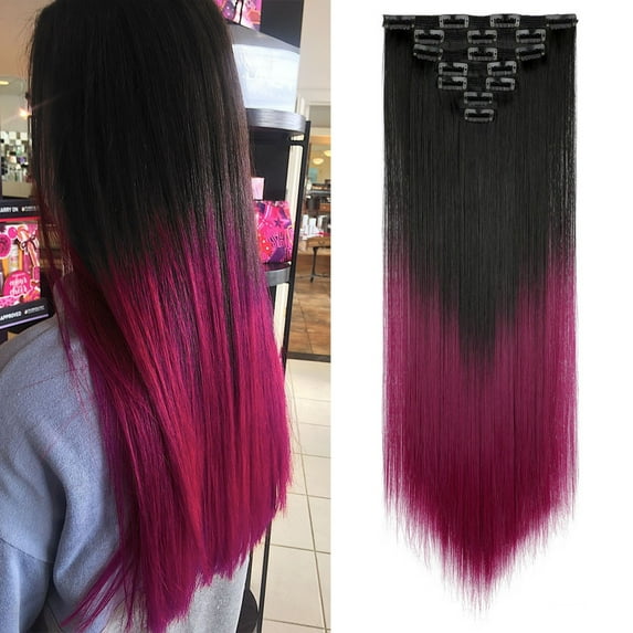 Qlenkay Clip in Hair Extensions Synthetic Hair 7 pcs Double Weft Long Wavy Straight Hair Extension for Women