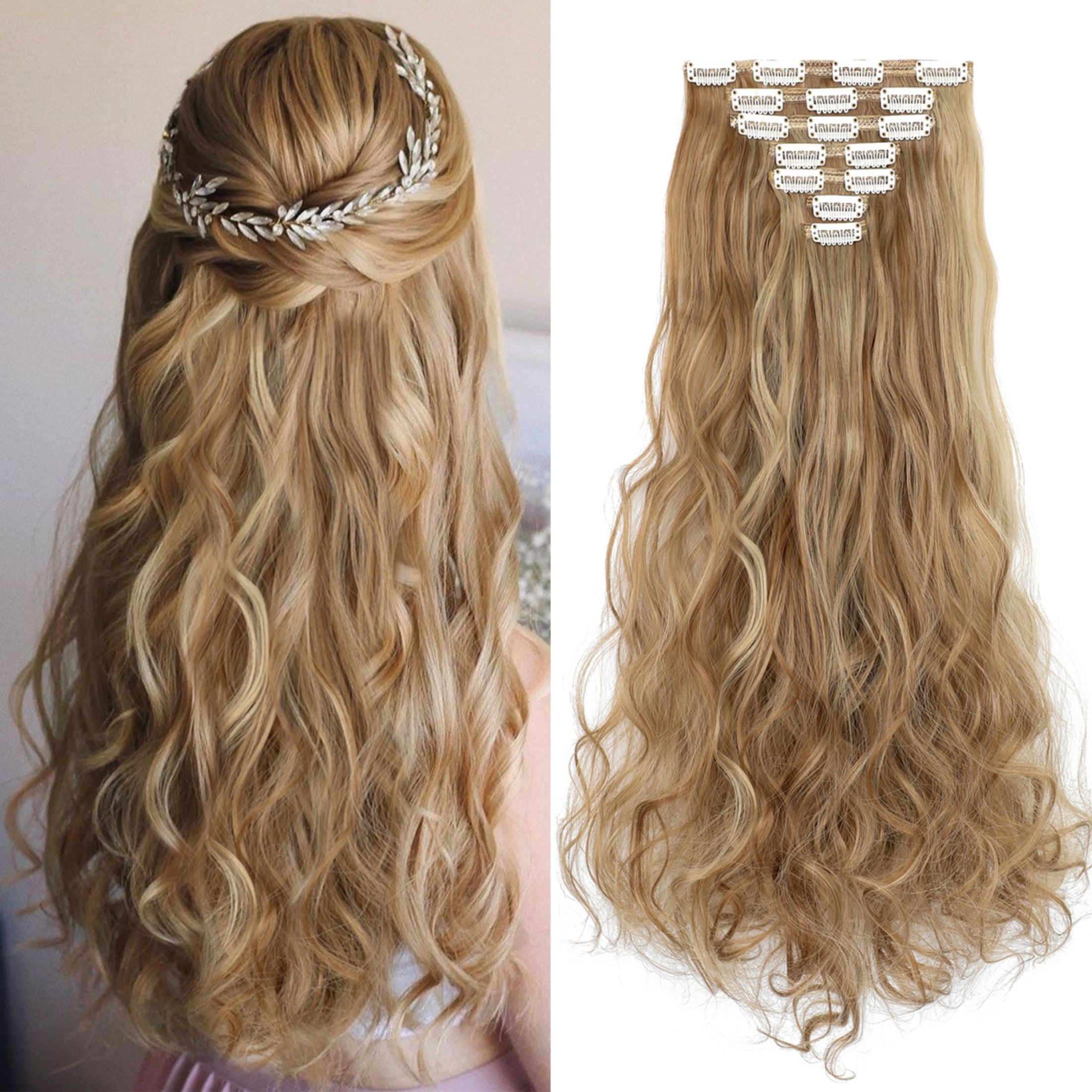 Qlenkay Clip in Hair Extensions Synthetic Hair 7 pcs Double Weft Long Wavy Straight Hair Extension for Women