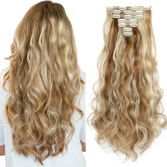 Qlenkay Clip in Hair Extensions Synthetic Hair 7 pcs Double Weft Long Wavy Straight Hair Extension for Women