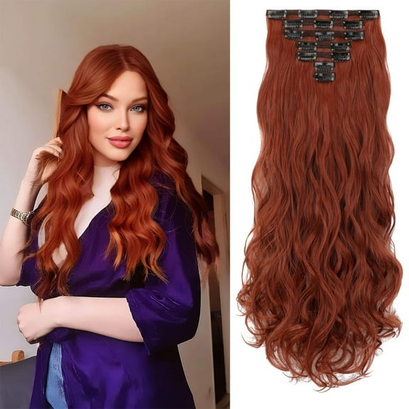 Qlenkay Clip in Hair Extensions Synthetic Hair 7 pcs Double Weft Long Wavy Straight Hair Extension for Women