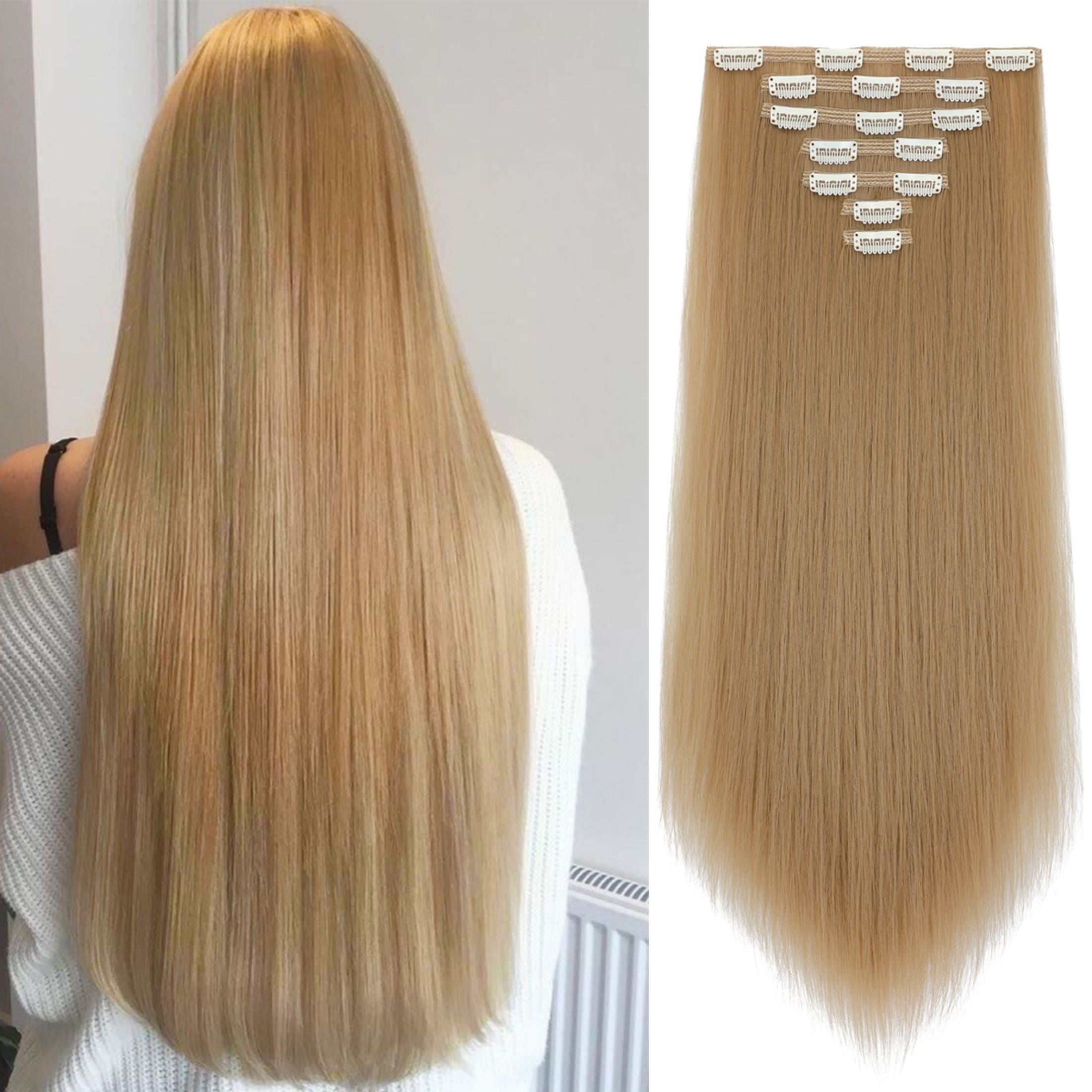 Qlenkay Clip in Hair Extensions Synthetic Hair 7 pcs Double Weft Long Wavy Straight Hair Extension for Women