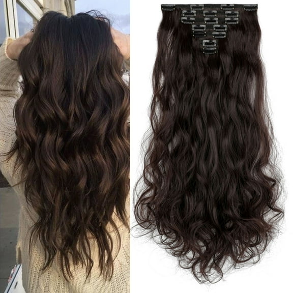 Qlenkay Clip in Hair Extensions Synthetic Hair 7 pcs Double Weft Long Wavy Straight Hair Extension for Women