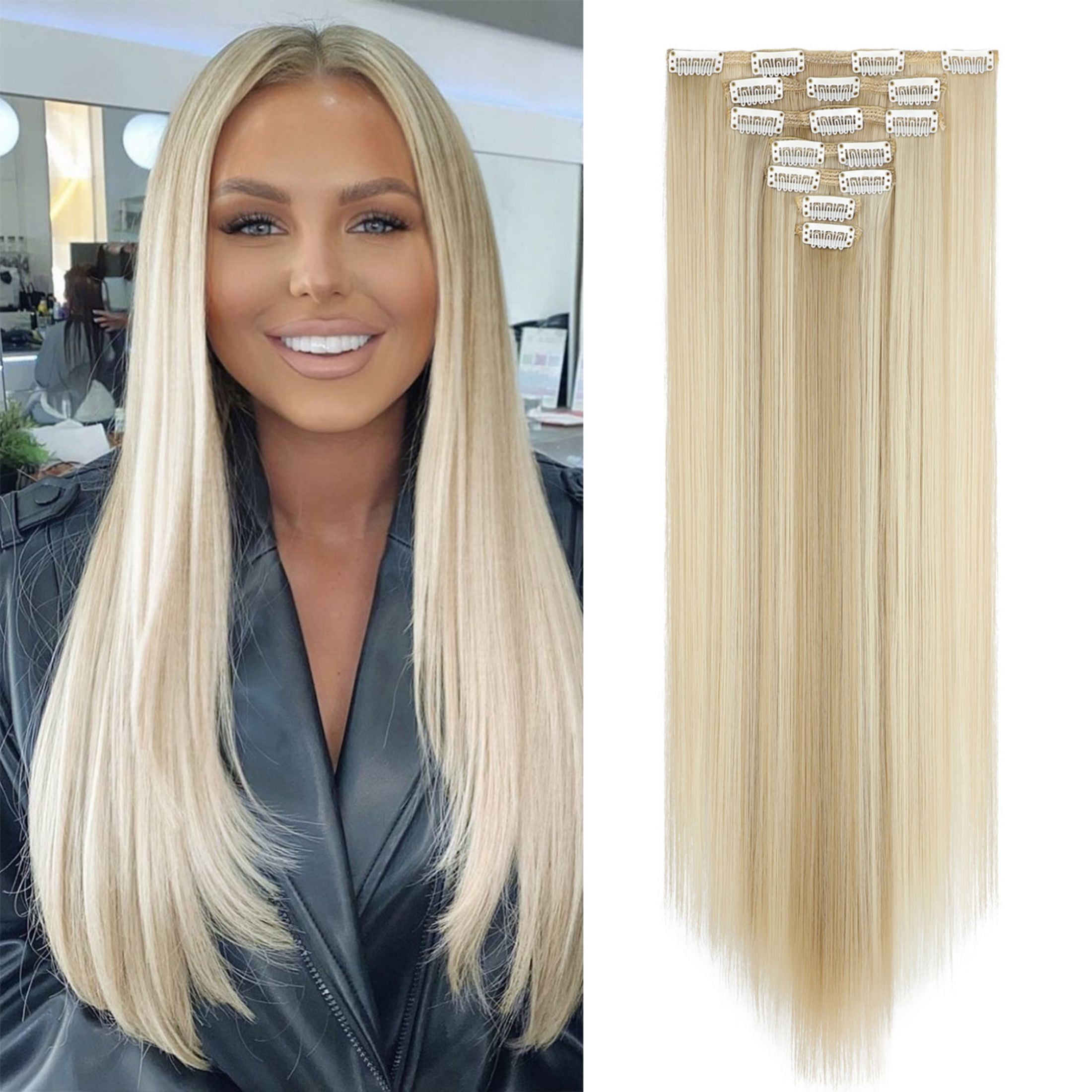 Qlenkay Clip in Hair Extensions Synthetic Hair 7 pcs Double Weft Long Wavy Straight Hair Extension for Women