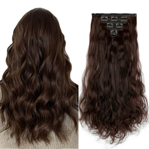 Qlenkay Clip in Hair Extensions Synthetic Hair 7 pcs Double Weft Long Wavy Straight Hair Extension for Women
