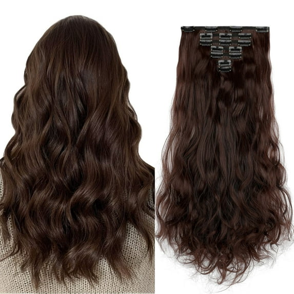 Qlenkay Clip in Hair Extensions Synthetic Hair 7 pcs Double Weft Long Wavy Straight Hair Extension for Women