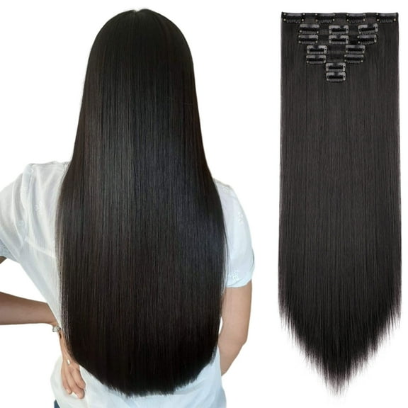 Qlenkay Clip in Hair Extensions Synthetic Hair 7 pcs Double Weft Long Wavy Straight Hair Extension for Women