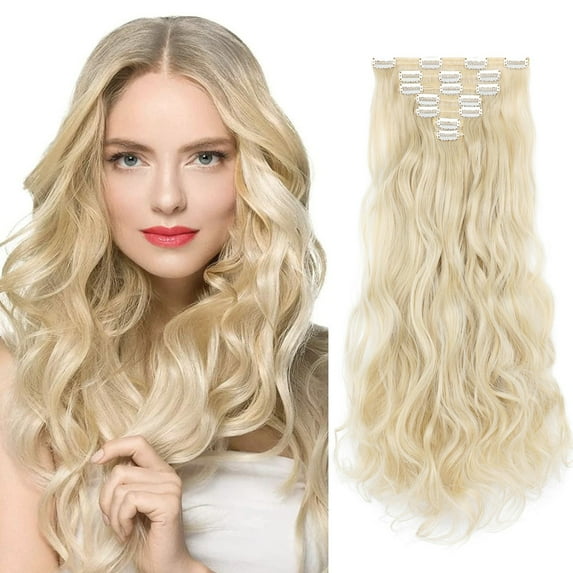 Qlenkay Clip in Hair Extensions Synthetic Hair 7 pcs Double Weft Long Wavy Straight Hair Extension for Women