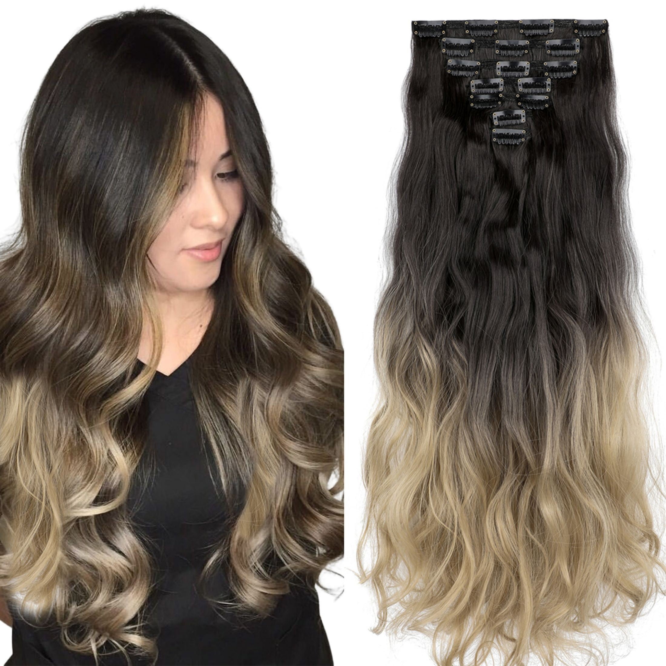 Qlenkay Clip in Hair Extensions Synthetic Hair 7 pcs Double 