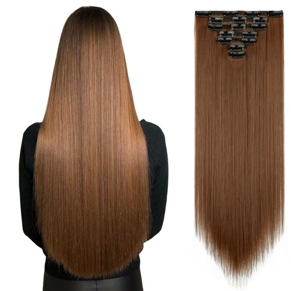 Qlenkay Clip in Hair Extensions Synthetic Hair 7 pcs Double Weft Long Wavy Straight Hair Extension for Women