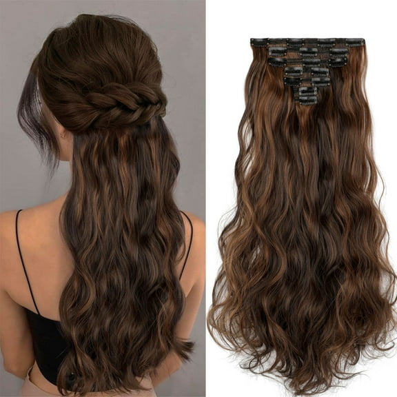 Qlenkay Clip in Hair Extensions Synthetic Hair 7 pcs Double Weft Long Wavy Straight Hair Extension for Women