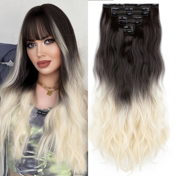 Qlenkay Clip in Hair Extensions Synthetic Hair 7 pcs Double Weft Long Wavy Straight Hair Extension for Women