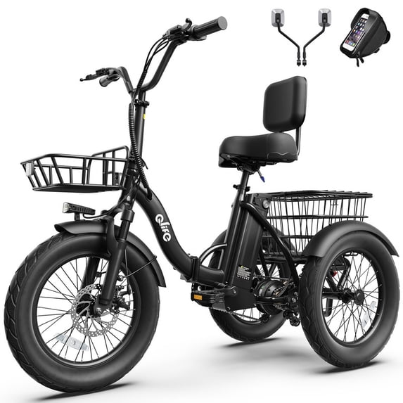 Qlife Triker 2.0 Electric Tricycle for Adults, 18" Folding Electric Trike, 350W Motor Peak 1200W 48V 13AH Step-Thru Etrike, 18MPH Up to 50 Miles 3-Wheel Electric Bike (Black) with Mirror & Phone Bag