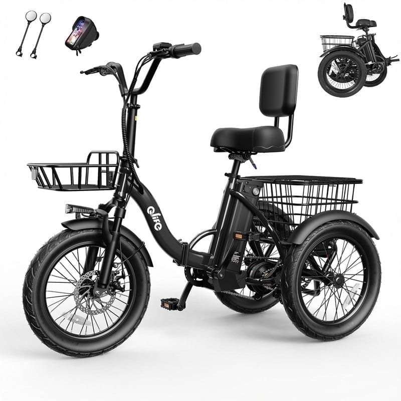 Qlife Electric Tricycle for Adults, 18" Folding Electric Trike, Peak 750W Motor 48V 10.4AH Step-Thru Etrike, 18MPH Up to 50 Miles 3-Wheel Electric Bike (Black) with Mirror & Phone Bag