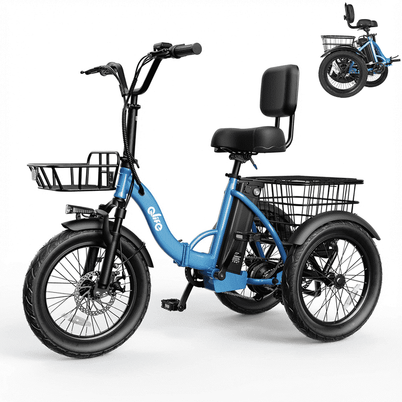 Qlife Electric Tricycle for Adults, 18" Folding Electric Trike, Peak 750W Motor 48V 10.4AH Step-Thru Etrike, 18MPH Up to 50 Miles 3-Wheel Electric Bike (Blue)