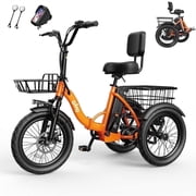 Qlife Electric Tricycle for Adults, 18" Folding Electric Trike, 350W Motor Peak 1200W 48V 10.4AH Step-Thru Etrike, 18MPH Up to 50 Miles 3-Wheel Electric Bike Orange with Mirror & Phone Bag