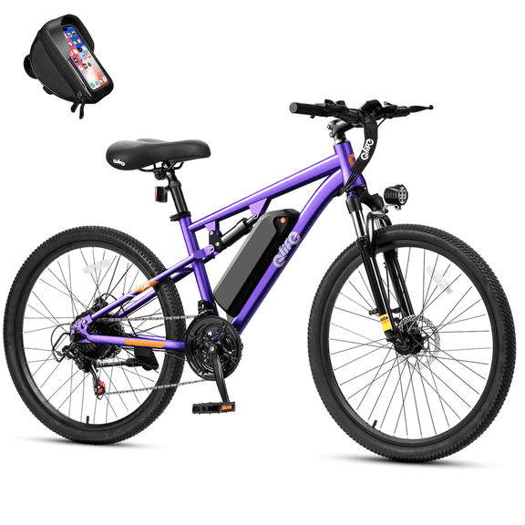 Qlife Racer 27.5 Inch Electric Bicycle for Adults, Full Suspension 21-Speed Mountain Ebike with More Than 1200W 28MPH Brushless Motor, (Purple) with Phonebag