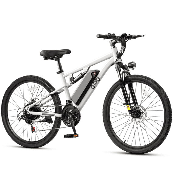 Qlife Racer 27.5 Inch Electric Bicycle for Adults, Full Suspension 21-Speed Mountain Ebike with More Than 1200W 28MPH Brushless Motor,White