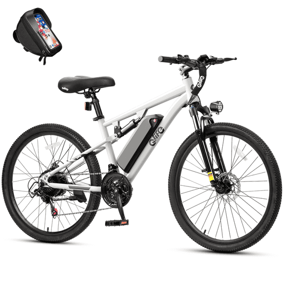 Qlife Racer 27.5 Inch Electric Bicycle for Adults, Full Suspension 21-Speed Mountain Ebike with More Than 1200W 28MPH Brushless Motor,(White) with Phonebag