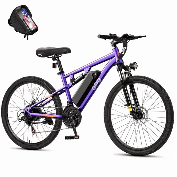 Qlife Racer 27.5" Electric Bicycle for Adults, Full Suspension 21-Speed Mountain Ebike with 500W Brushless Motor, 48V 10.4AH Removable Battery Max 28mph (Purple) with Phonebag